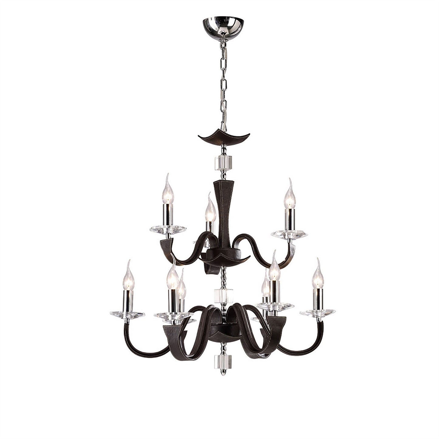 Diyas Nardini 65cm  2 Tier 9 Light E14 Polished Chrome Dark Brown Faux Leather/Crystal Ceiling Pendant Light Fitting