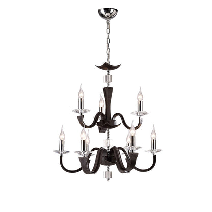 Diyas Nardini 65cm  2 Tier 9 Light E14 Polished Chrome Dark Brown Faux Leather/Crystal Ceiling Pendant Light Fitting