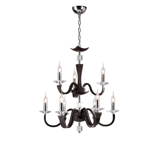 Diyas Nardini 65cm  2 Tier 9 Light E14 Polished Chrome Dark Brown Faux Leather/Crystal Ceiling Pendant Light Fitting