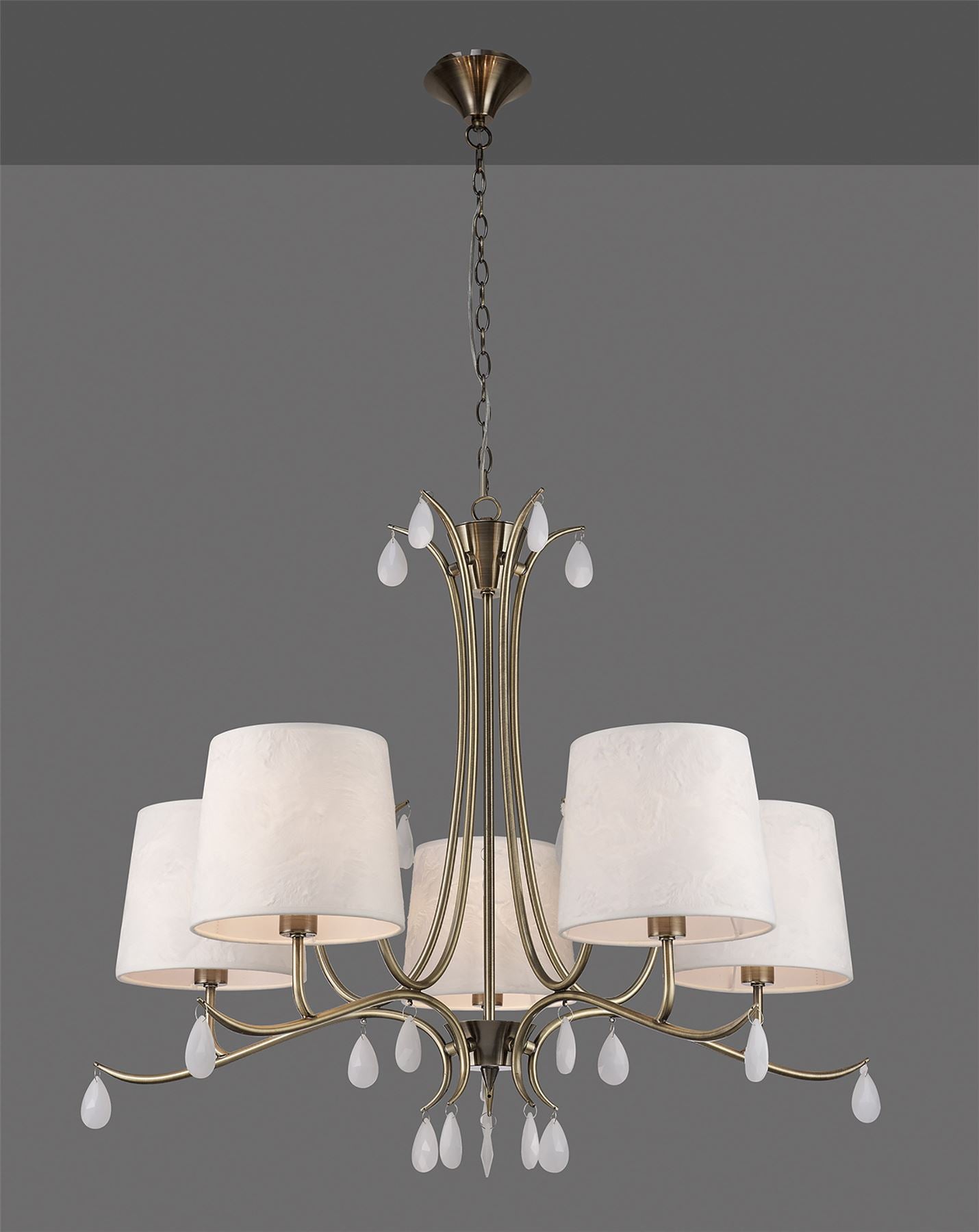 Mantra M6334 Andrea Pendant 81.5cm Round, 5 x E14 (Max 20W), Antique Brass, White Shades, White Crystal Droplets
