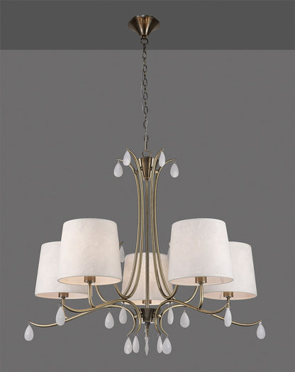 Mantra M6334 Andrea Pendant 81.5cm Round, 5 x E14 (Max 20W), Antique Brass, White Shades, White Crystal Droplets