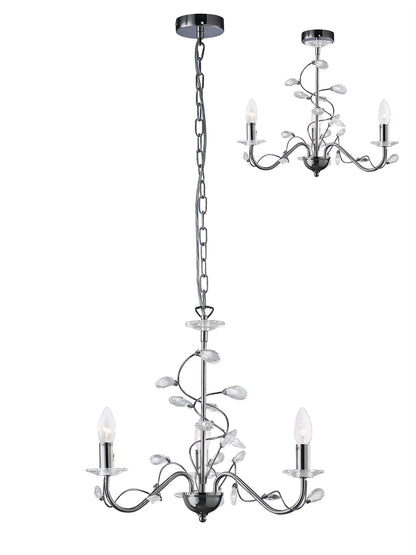 Diyas Willow 50cm  WITHOUT SHADE 3 Light E14 Polished Chrome/Crystal Ceiling Pendant Light Fitting