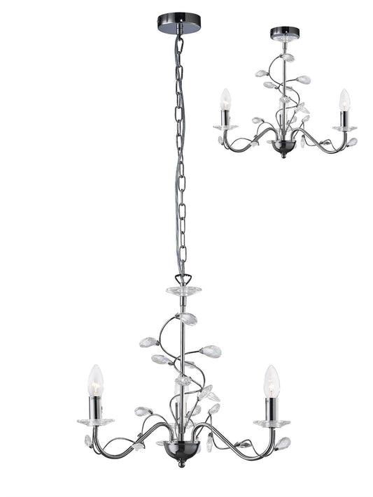 Diyas Willow 50cm  WITHOUT SHADE 3 Light E14 Polished Chrome/Crystal Ceiling Pendant Light Fitting
