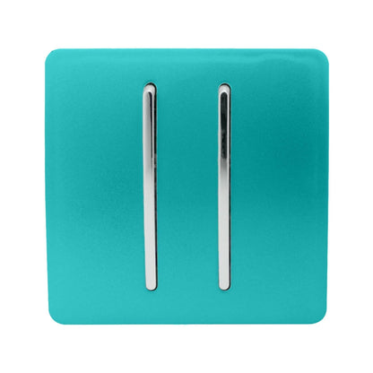 Trendi 2 Gang (2 Way & 3 way Intermediate) 240V Screwless Raised Front Plate Plastic Artistic Modern Glossy 10 Amp Chrome Rocker Double Electrical Wall Light Switch Bright Teal - ART-SS29BT