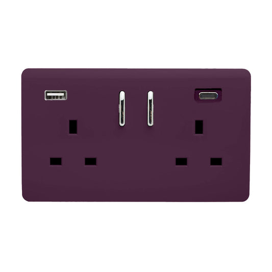 Plum Screwless 2 Gang Switched Double Socket 13A With 1 x USB-A & 1 x USB-C 45W (Shared), (35mm Back Box Req.), 10yrs Warranty