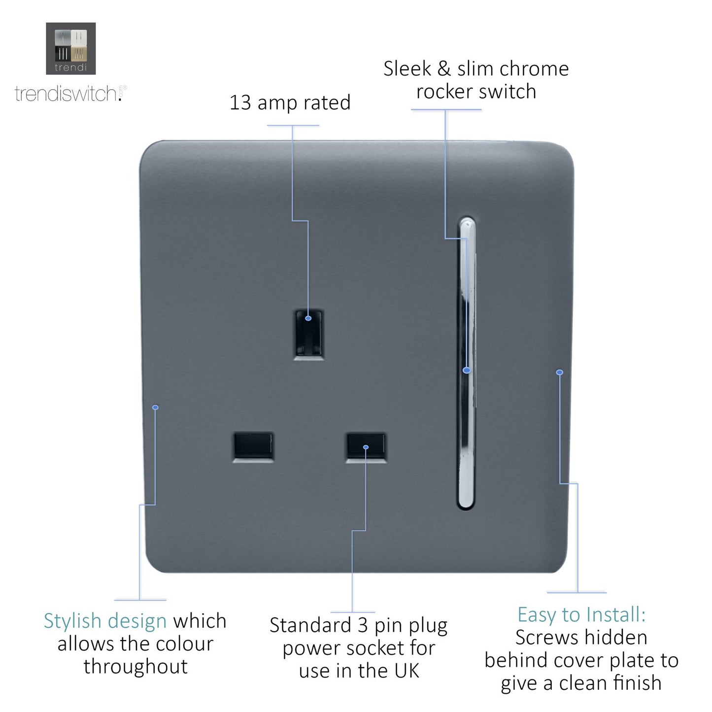 Trendi 1 Gang Artistic Modern Glossy 13 Amp Switched Tactile Plug Socket Warm Grey