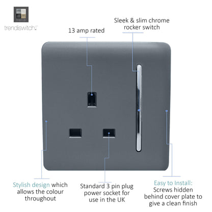 Trendi 1 Gang Artistic Modern Glossy 13 Amp Switched Tactile Plug Socket Warm Grey