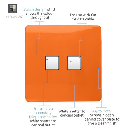 Trendi Artistic Modern Glossy Tactile Telephone Socket + Cat 5e&Cat 6 RJ45 PC Socket Orange