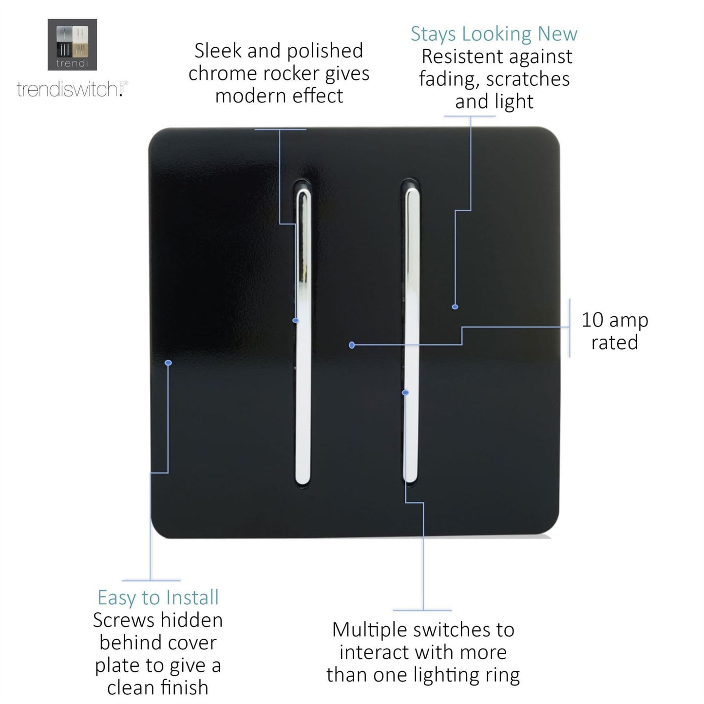 Trendi 2 Gang (2 Way & 3 way Intermediate) 240V Screwless Raised Front Plate Plastic Artistic Modern Glossy 10 Amp Chrome Rocker Double Electrical Wall Light Switch Piano Black - ART-SS29BK