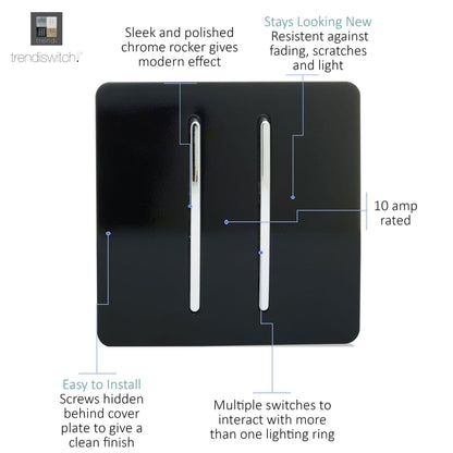 Trendi 2 Gang (2 Way & 3 way Intermediate) 240V Screwless Raised Front Plate Plastic Artistic Modern Glossy 10 Amp Chrome Rocker Double Electrical Wall Light Switch Piano Black - ART-SS29BK