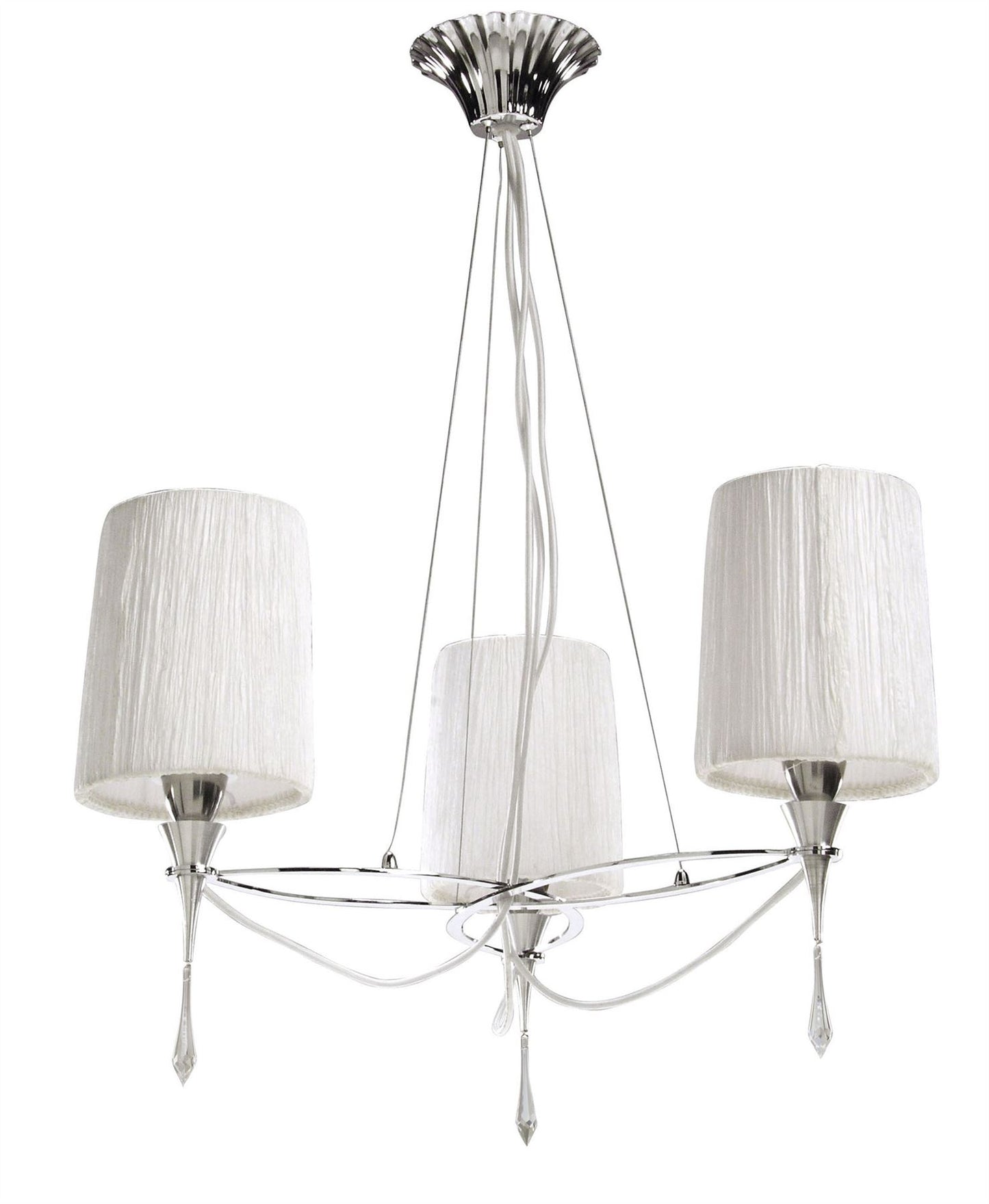 Mantra Lucca 65cm Pendant 3 Light E27, Polished Chrome with White Shades & Clear Crystal