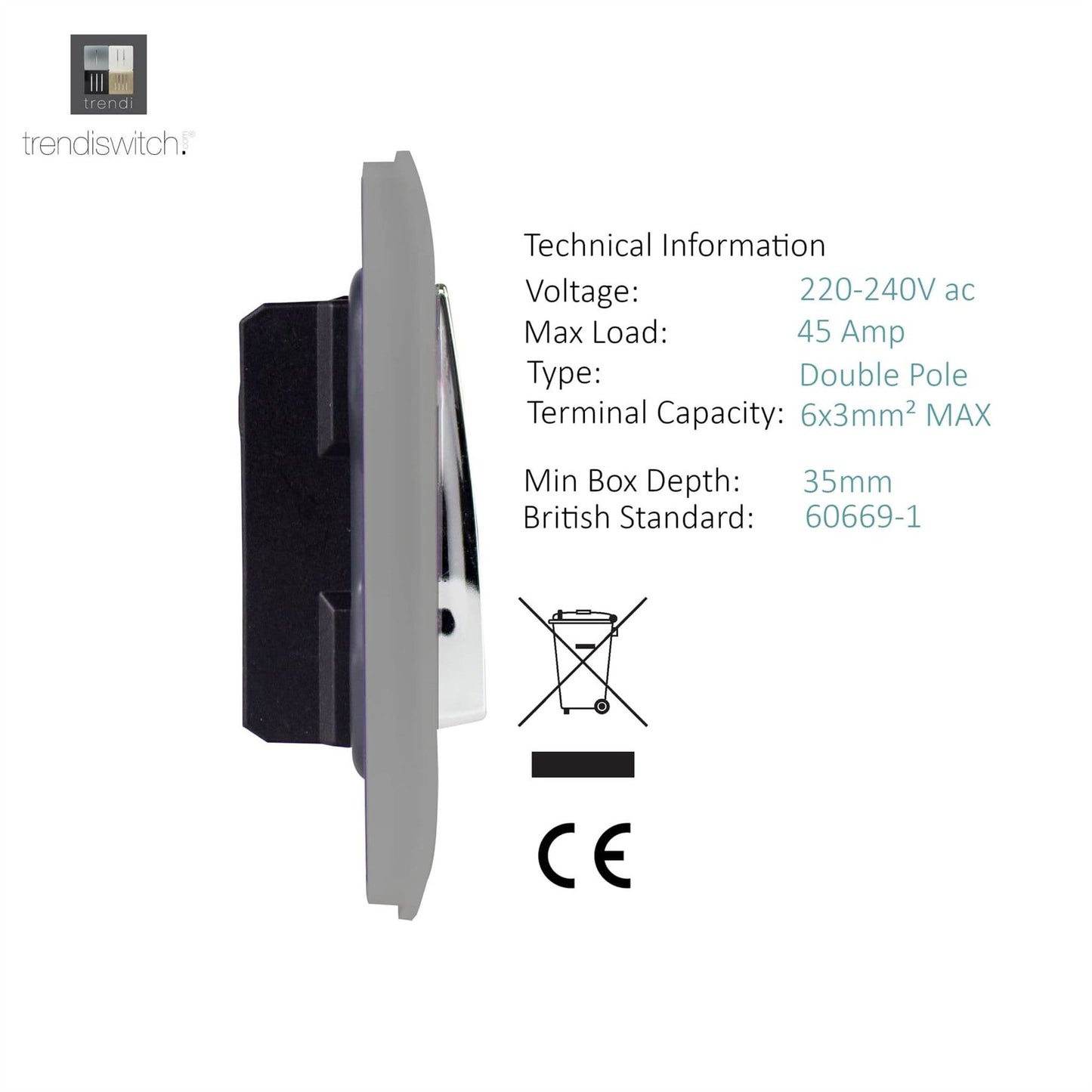 Trendi Artistic Modern Glossy 45 A Tactile Light Switch & Neon Insert Light Grey