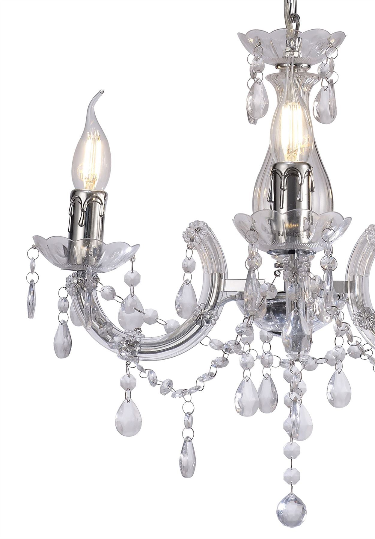 Deco Floria Chandelier with Acrylic Sconce & Acrylic Droplets 3 Light E14 Polished Chrome Finish