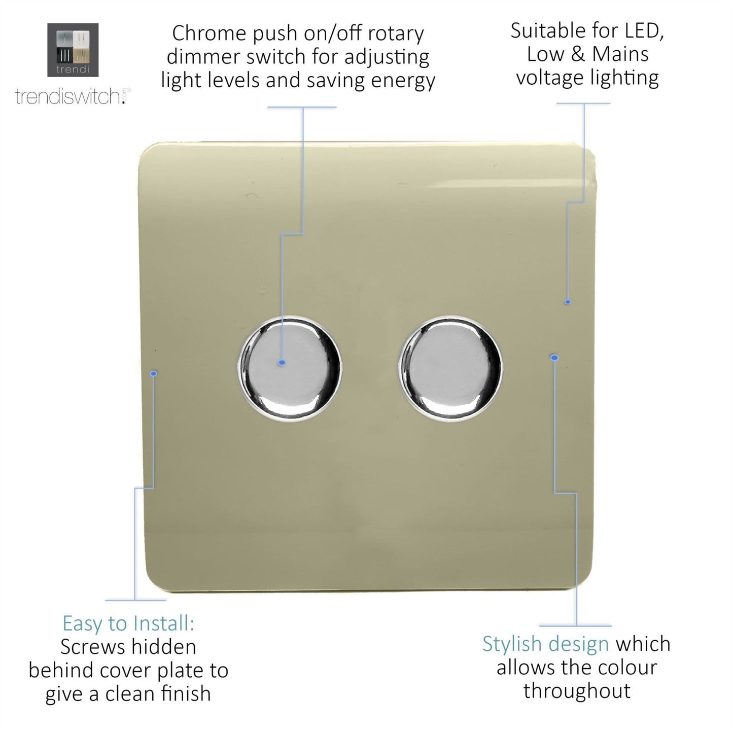 Trendi 2 Gang 2 Way 240V 100w LED Dimmer Screwless Raised Front Plate Plastic Artistic Modern Glossy 10 Amp Chrome Single Electrical Wall Light Switch in Champagne Gold - ART-2LDMGO