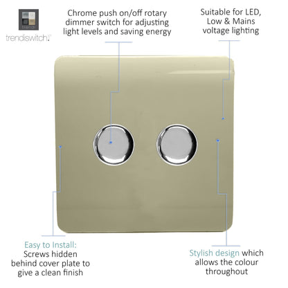 Trendi 2 Gang 2 Way 240V 100w LED Dimmer Screwless Raised Front Plate Plastic Artistic Modern Glossy 10 Amp Chrome Single Electrical Wall Light Switch in Champagne Gold - ART-2LDMGO