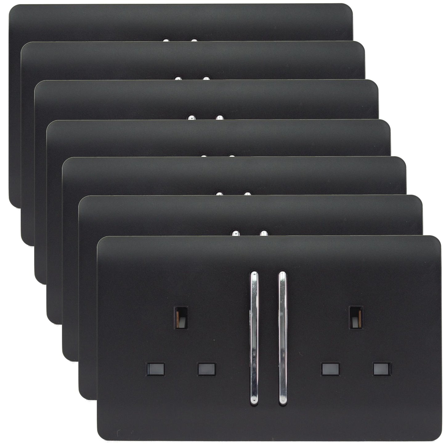 Trendi 2 Gang Artistic Modern Glossy 13 Amp Switched Plug Socket Matt Black (7 Pack)