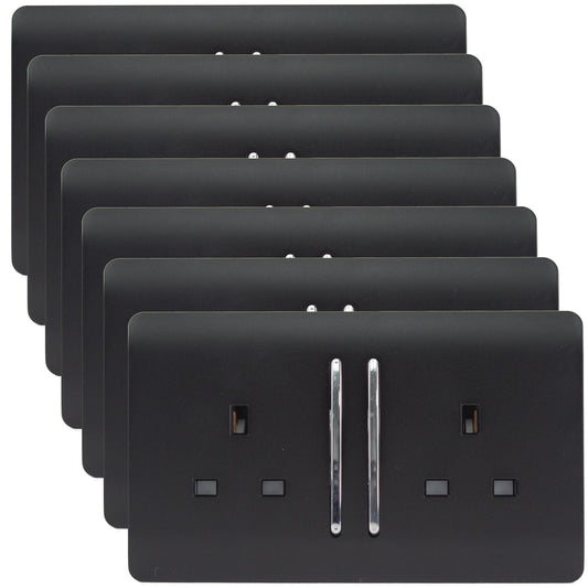 Trendi 2 Gang Artistic Modern Glossy 13 Amp Switched Plug Socket Matt Black (7 Pack)