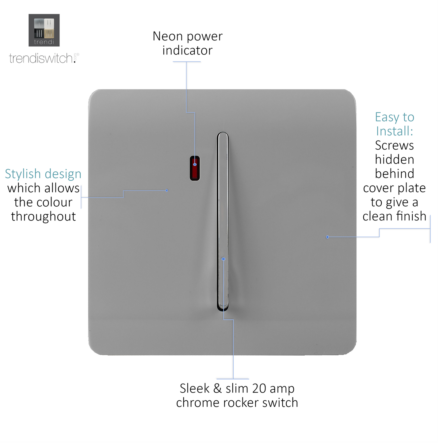Trendi Artistic Modern Glossy 20 A Tactile Light Switch & Neon Insert Light Grey