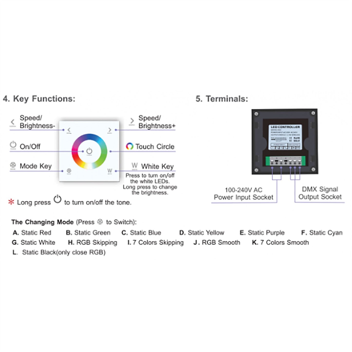 LTECH DMX/RF RF 2.4GHz + DMX 512, RGBW Controller Touch Panel, Single Zone, Use with R4-5A/R4-CC Reciever, 100-240V~50/60Hz, 30m Range, IP44, 5yrs Warranty Controllers