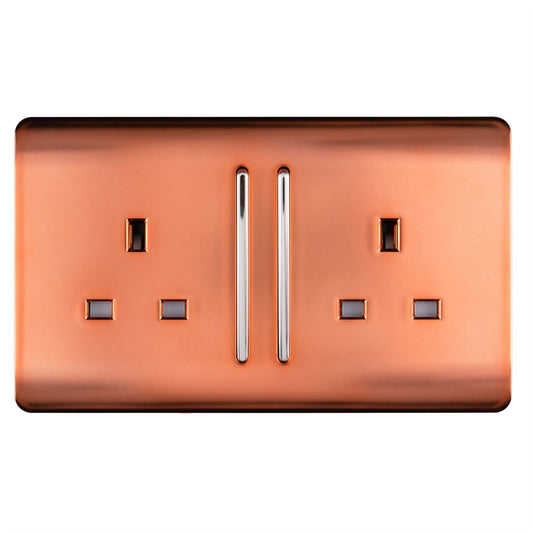 Trendi 2 Gang Raised Artistic Modern Glossy Screwless 13 Amp Single Pole with Chrome Switched UK Standard Electrical Double Wall Plug Socket in Copper - ART-SKT213LCPR
