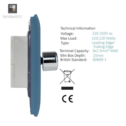 Trendi 2 Gang 2 Way 240V 100w LED Dimmer Screwless Raised Front Plate Plastic Artistic Modern Glossy 10 Amp Chrome Single Electrical Wall Light Switch in Sky - ART-2LDMSK