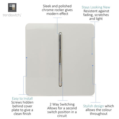 Trendi 1 Gang 2 Way 10A Modern Screwless Rocker Light Switch – Ice White (ART‑SS2WH)