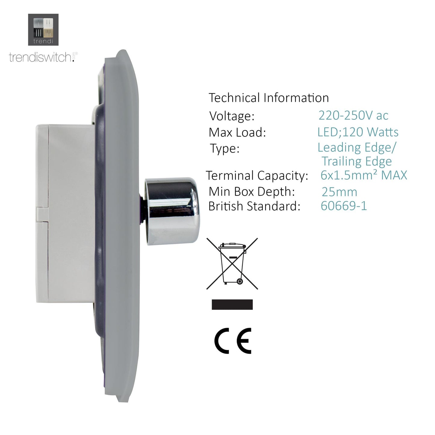 Trendi 4 Gang 2 Way 240V 100w LED Dimmer Screwless Raised Front Plate Plastic Artistic Modern Glossy 10 Amp Chrome Single Electrical Wall Light Switch in Brushed Steel - ART-4LDMBS