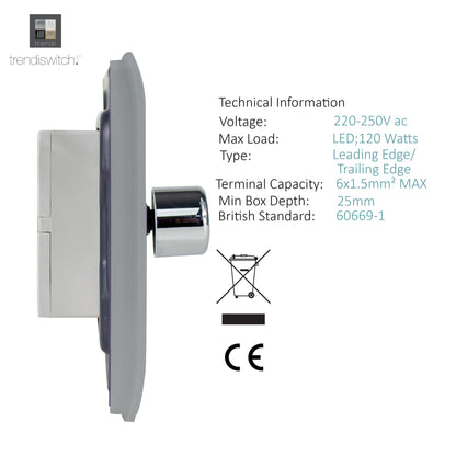 Trendi 4 Gang 2 Way 240V 100w LED Dimmer Screwless Raised Front Plate Plastic Artistic Modern Glossy 10 Amp Chrome Single Electrical Wall Light Switch in Brushed Steel - ART-4LDMBS