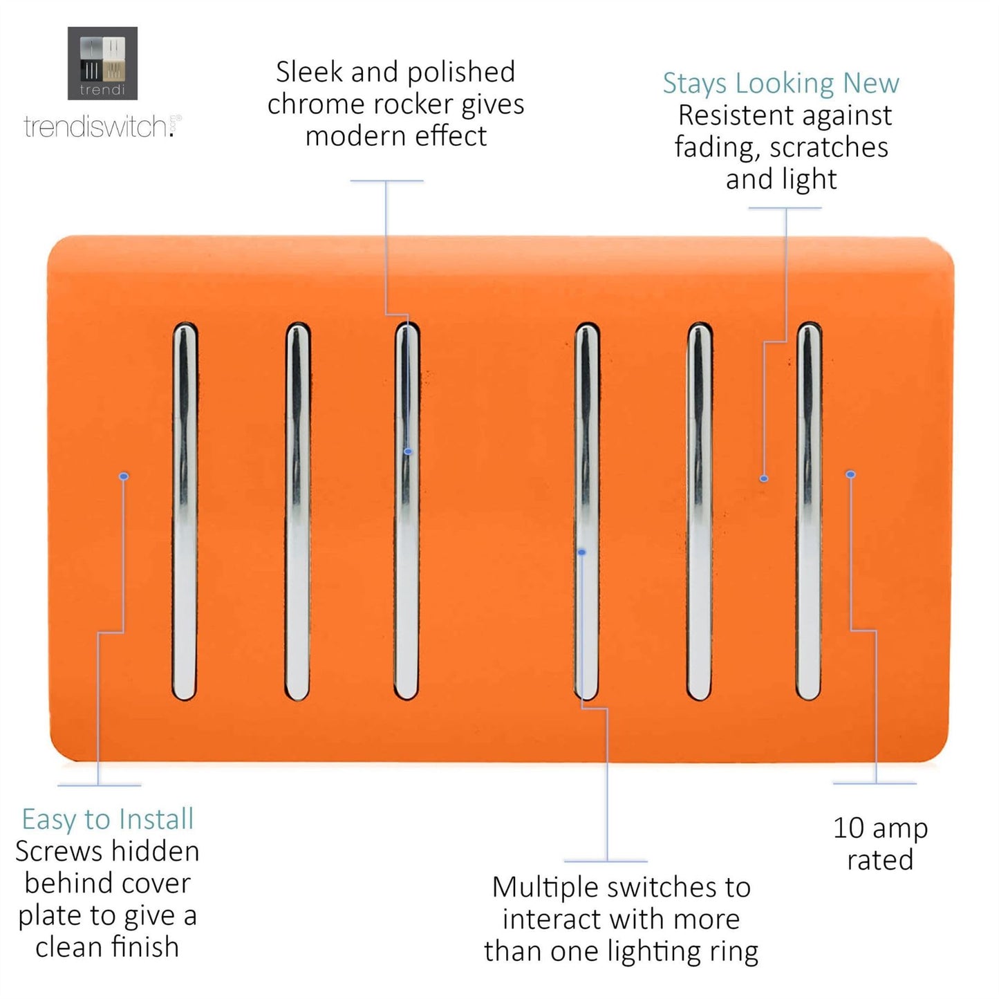 Trendi Artistic Modern Glossy 6 Gang 2 Way Rocker Double Plate Tactile Light Switch Orange