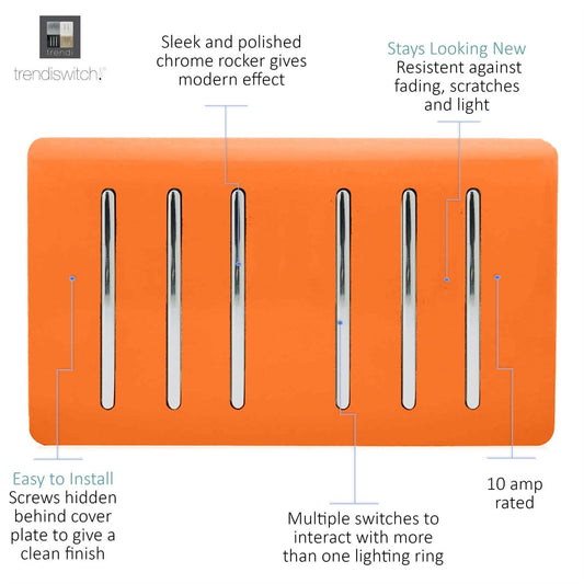 Trendi Artistic Modern Glossy 6 Gang 2 Way Rocker Double Plate Tactile Light Switch Orange