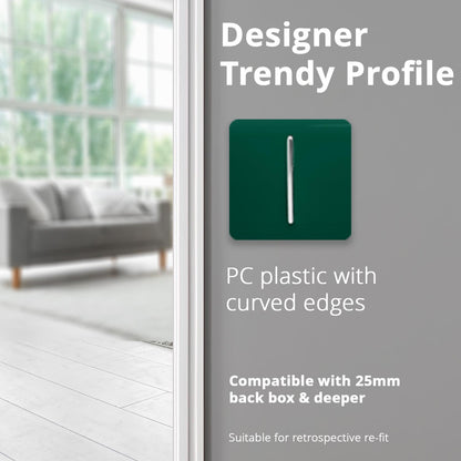 Trendi 1 Gang 2 Way 240V Screwless Artistic Modern Glossy 10 Amp Chrome Rocker Electrical Wall Light Switch in Dark Green (3 pack)