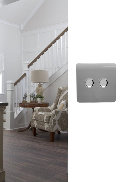 Trendi 2 Gang 2 Way 240V 100w LED Dimmer Screwless Raised Front Plate Plastic Artistic Modern Glossy 10 Amp Chrome Single Electrical Wall Light Switch in Ice White - ART-2LDMWH