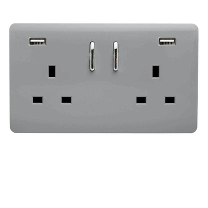 Trendi 2 Gang Artistic Modern Glossy 13 Amp 2 x 3.1mA USB Switched Plug Socket Silver