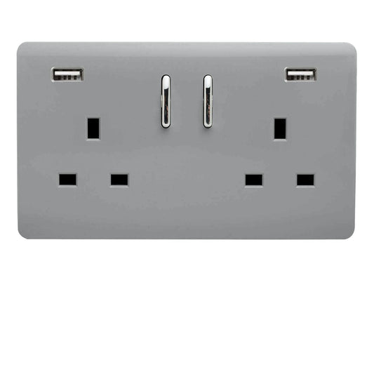 Trendi 2 Gang Artistic Modern Glossy 13 Amp 2 x 3.1mA USB Switched Plug Socket Silver