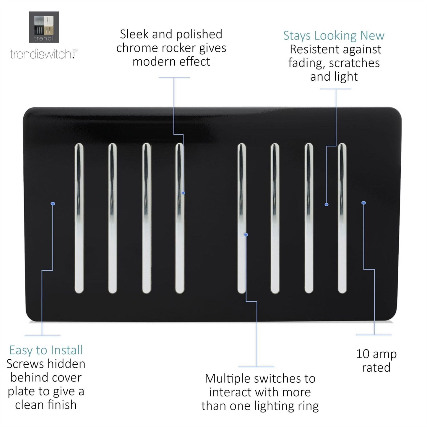 Trendi 8 Gang 2 Way Rocker Black Double Plate Light Switch in Black - ART-SS88BK