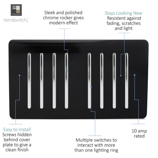 Trendi 8 Gang 2 Way Rocker Black Double Plate Light Switch in Black - ART-SS88BK
