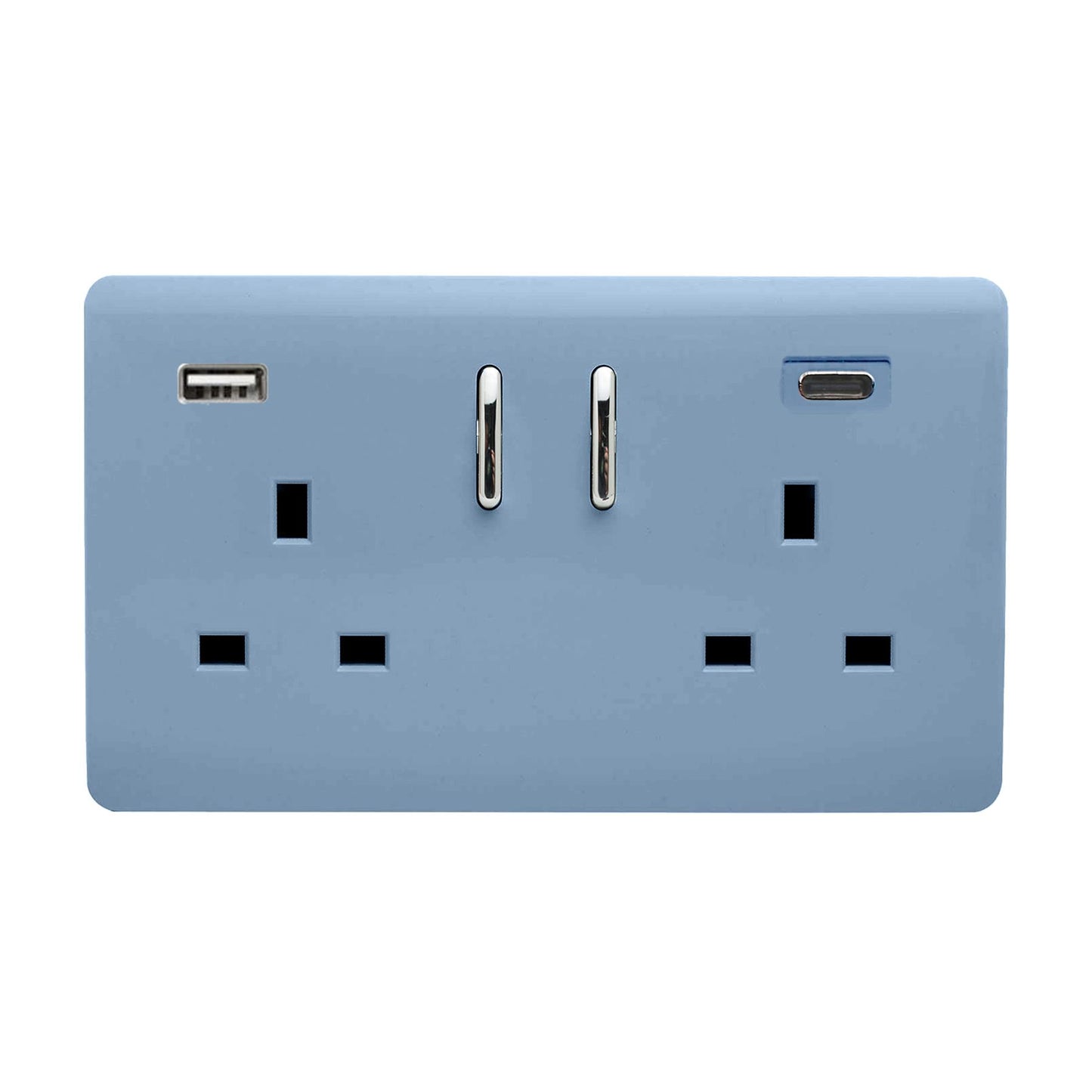 Sky Blue Screwless 2 Gang Switched Double Socket 13A With 1 x USB-A & 1 x USB-C 65W (Shared), (35mm Back Box Req.), 10yrs Warranty
