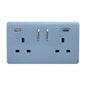 Sky Blue Screwless 2 Gang Switched Double Socket 13A With 1 x USB-A & 1 x USB-C 65W (Shared), (35mm Back Box Req.), 10yrs Warranty