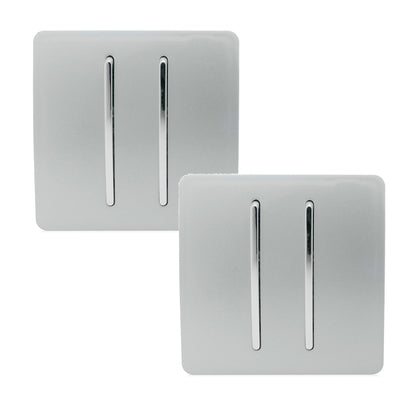 Trendi 2 Gang 2 Way 240V Screwless Artistic Modern Glossy 10 Amp Chrome Rocker Electrical Wall Light Switch in Platinum Silver (2 pack)
