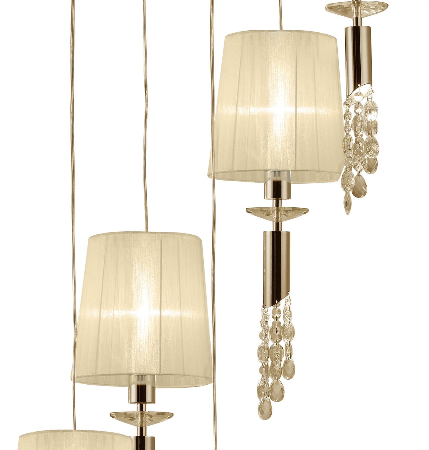 Mantra Tiffany 60cm Pendant 5+5 Light E27+G9 Spiral, French Gold with Cream Shades & Clear Crystal
