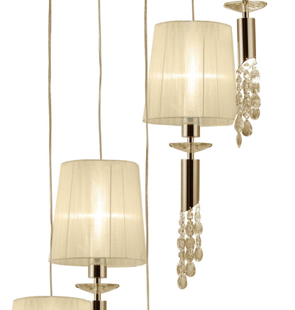 Mantra Tiffany 60cm Pendant 5+5 Light E27+G9 Spiral, French Gold with Cream Shades & Clear Crystal