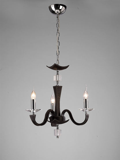 Diyas Nardini 50cm  3 Light E14 Polished Chrome/Dark Brown Faux Leather/Crystal Ceiling Pendant Light Fitting