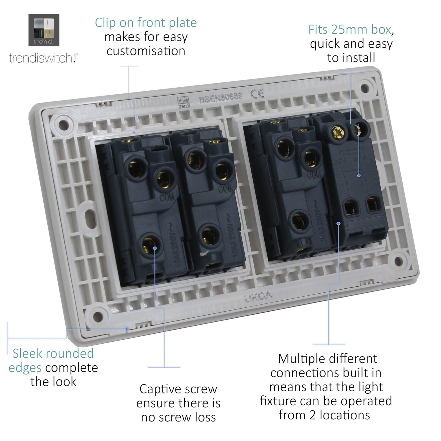Trendi 4 Gang (2 Way & 1x Intermediate) 10 Amp Rocker Light Switch Matt White - ART-SS2229MWH