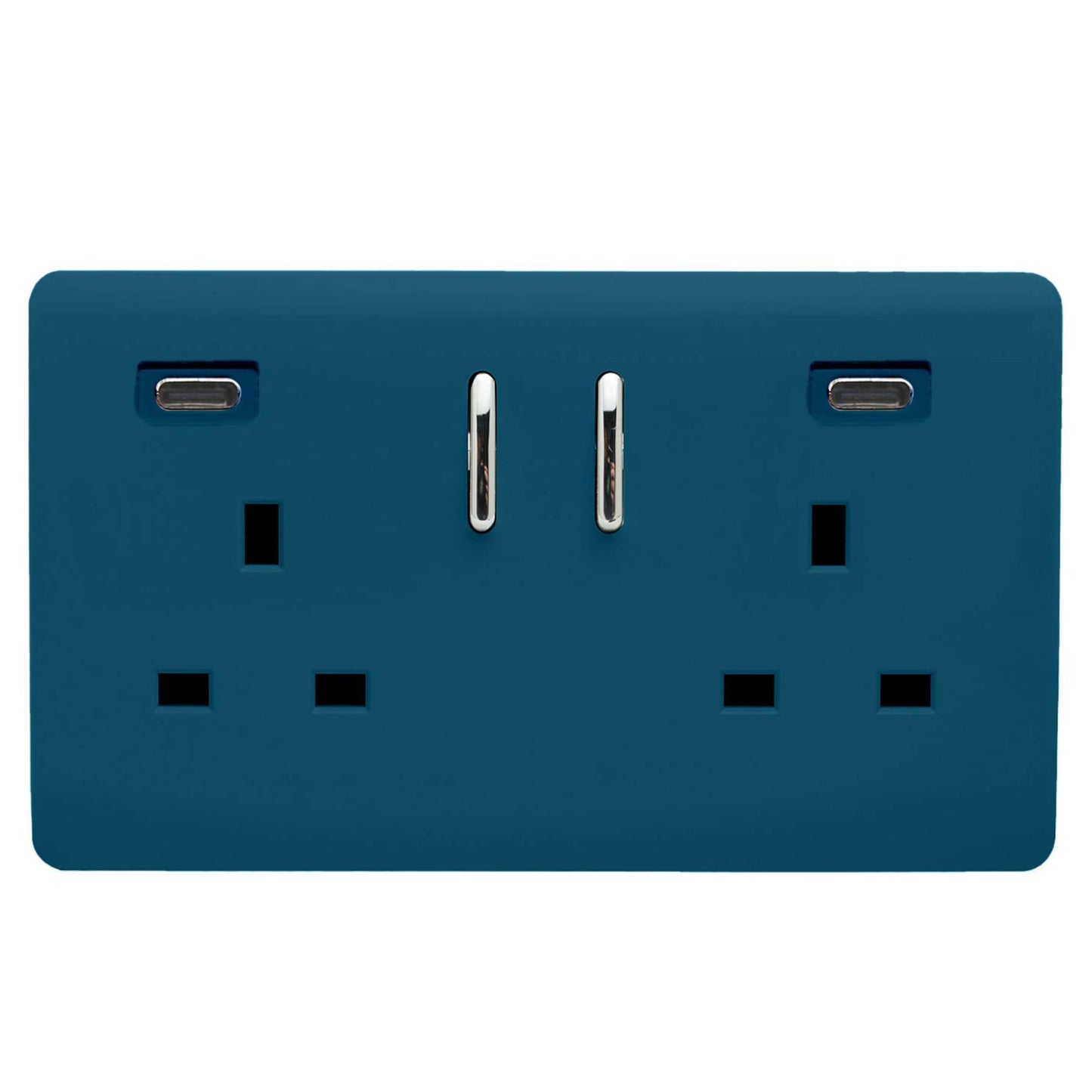 Midnight Blue Screwless 2 Gang Switched Double Socket 13A With 2 x USB-C 24W (Shared), (35mm Back Box Req.), 10yrs Warranty