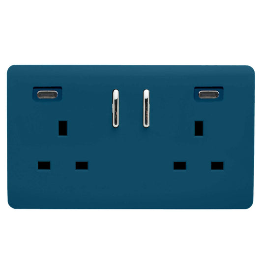 Midnight Blue Screwless 2 Gang Switched Double Socket 13A With 2 x USB-C 24W (Shared), (35mm Back Box Req.), 10yrs Warranty