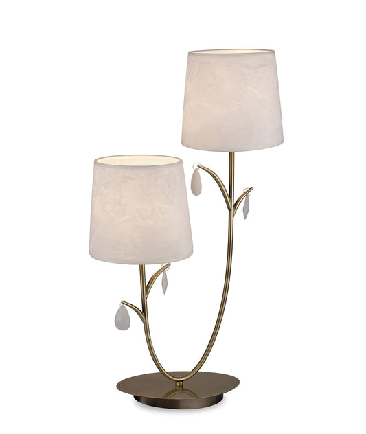 Mantra M6338 Andrea Table Lamp 63cm, 2 x E14 (Max 20W), Antique Brass, White Shades, White Crystal Droplets