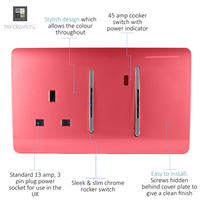 Trendi Artistic Modern Glossy 45 A Cooker Switch & Plug Socket Inc Neon Insert Strawberry
