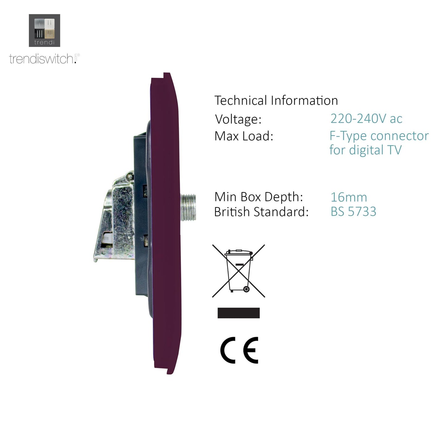 Trendi Switch Plum Purple TV Coaxial & F-Type Satellite Socket - Screwless