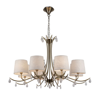 Mantra M6332 Andrea Pendant 100cm Round, 8 x E14 (Max 20W), Antique Brass, White Shades, White Crystal Droplets