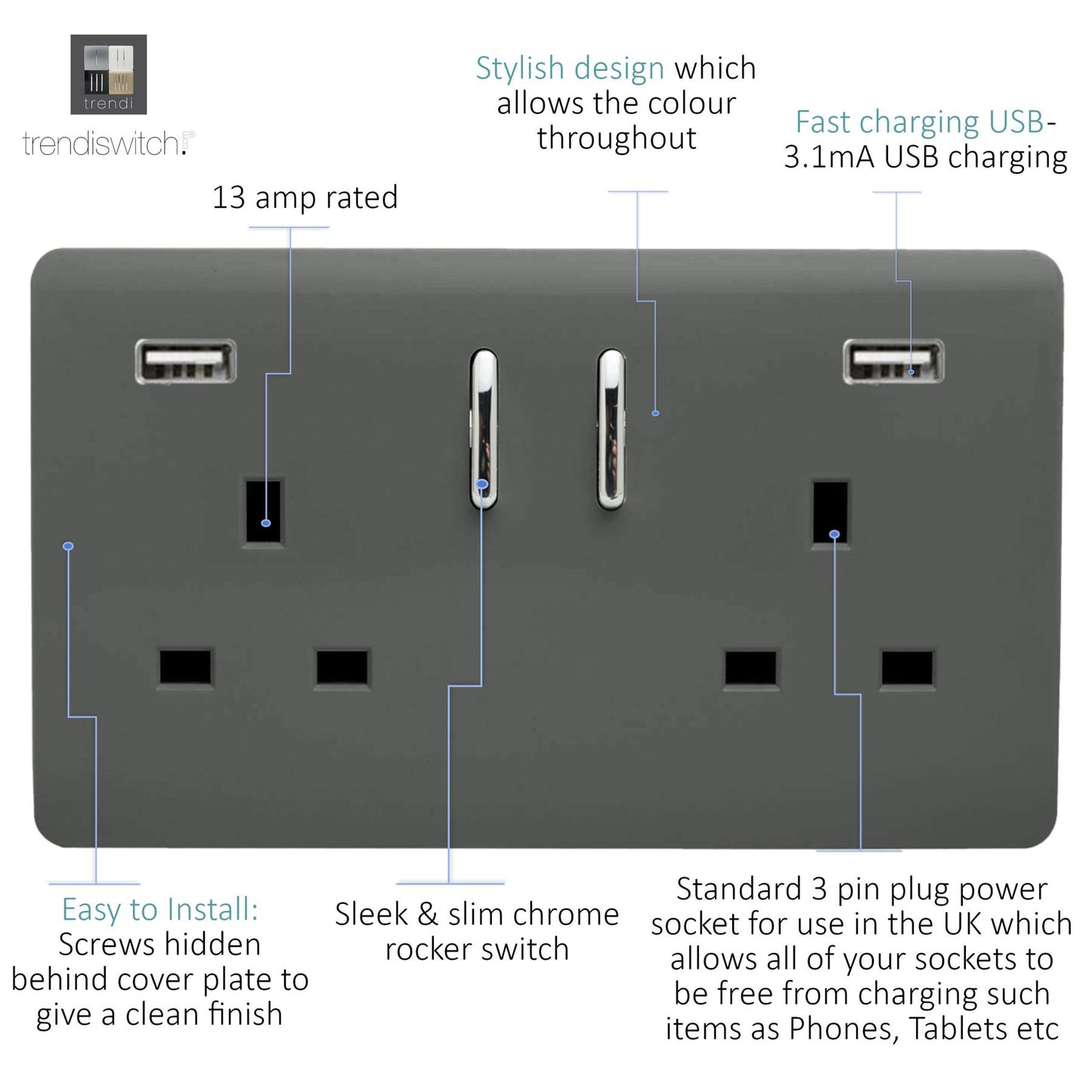 Trendi 2 Gang Artistic Modern Glossy 13 Amp 2 x 3.1mA USB Switched Plug Socket Charcoal